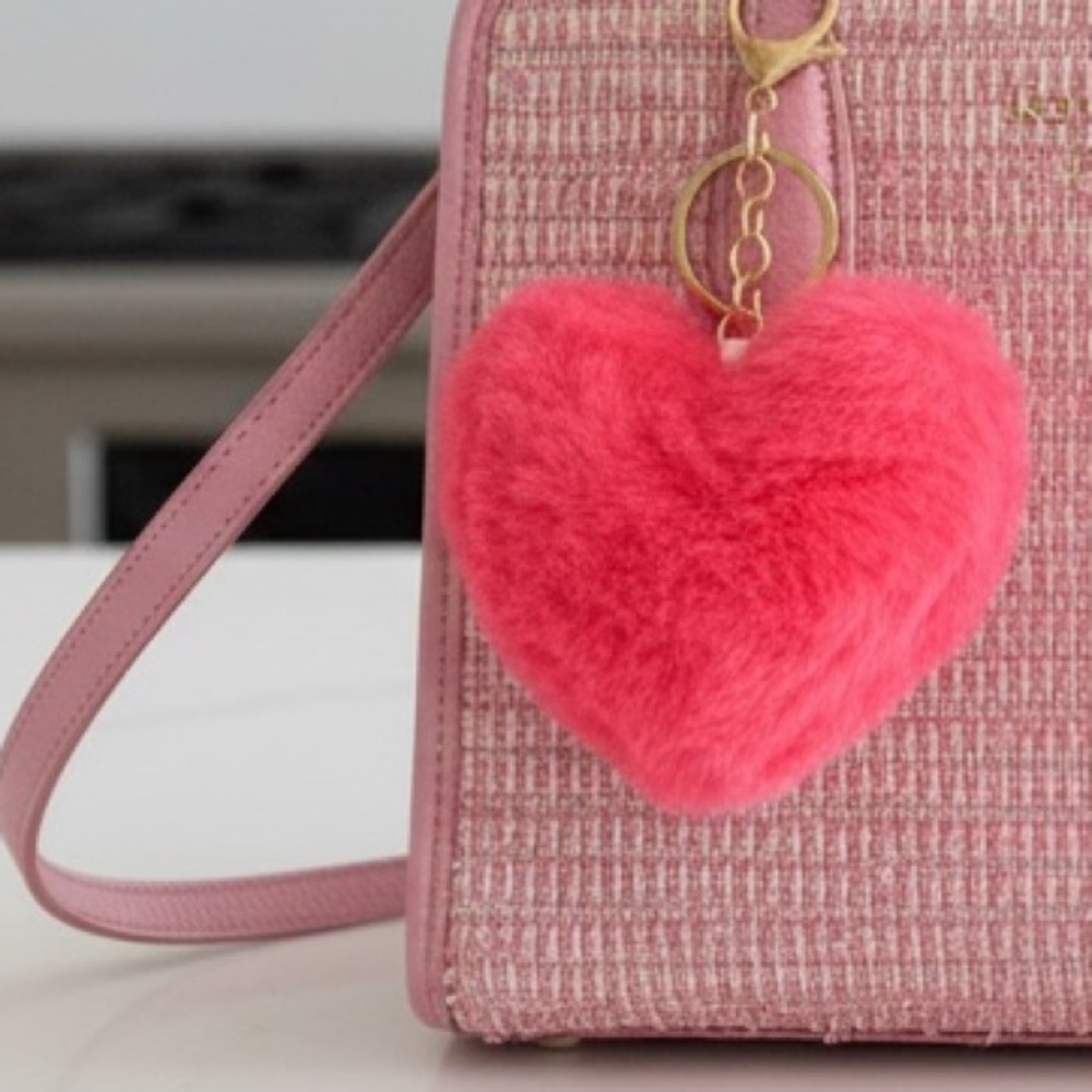 Plush Heart-shaped Keychain Bag Charm in Coral Faux Fur